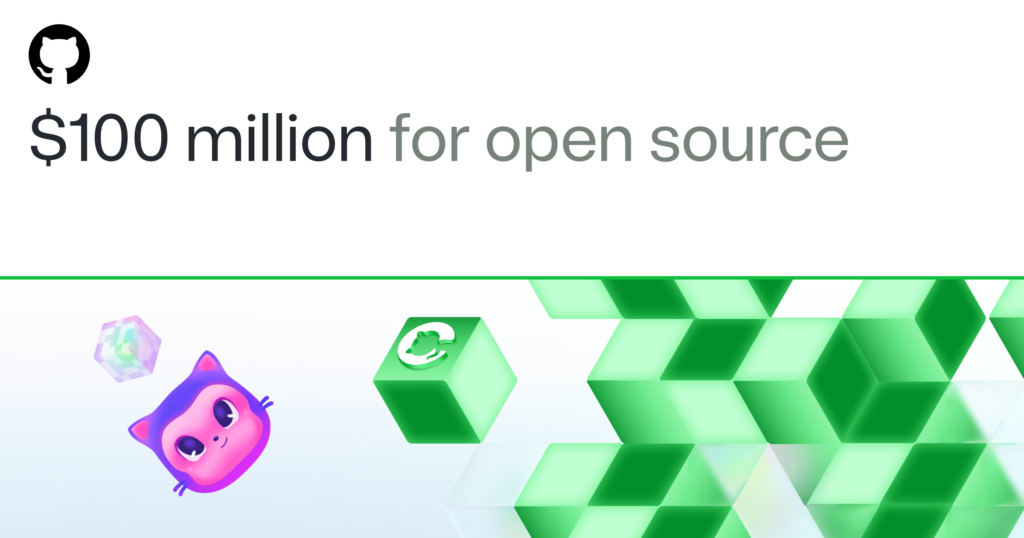 GitHub announces $100 million for open source, with Mona among geometric cubes.