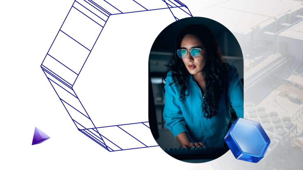 a technology professional working at a computer, overlaid with abstract geometric shapes