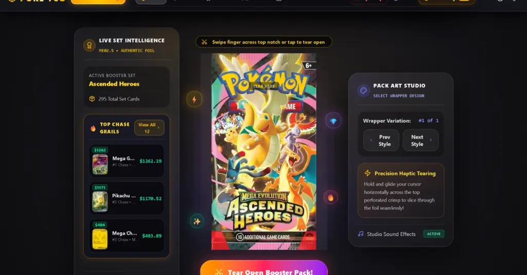 Full-stack Pokémon TCG simulator with pack opening, grading, PvP and card auctions
