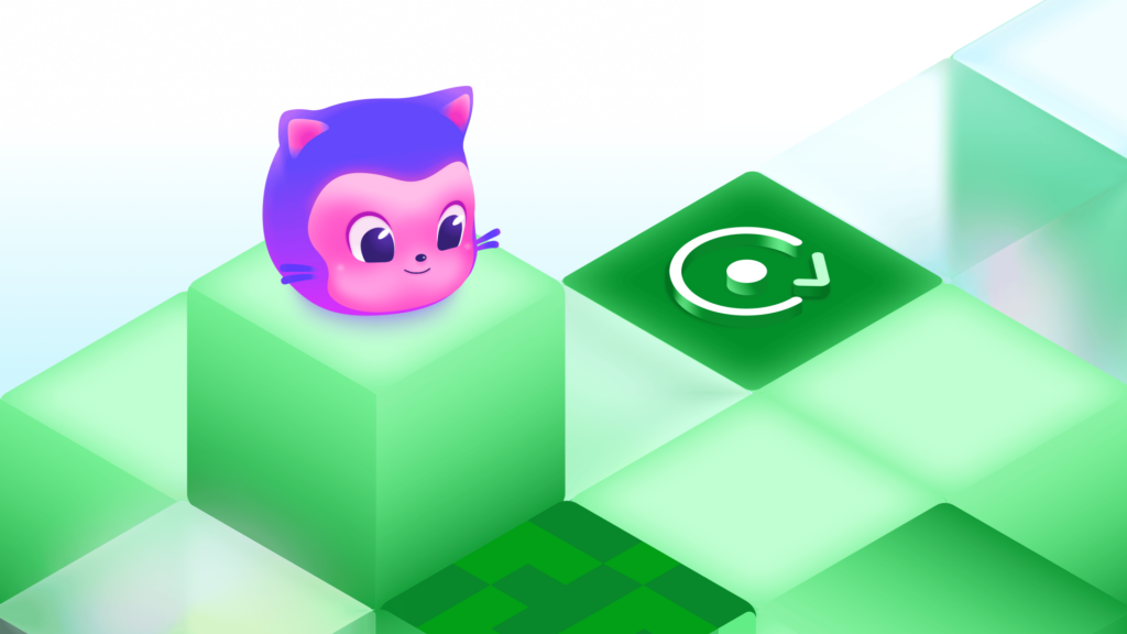 Mona sits on a raised green block beside another block displaying a circular refresh-style icon.