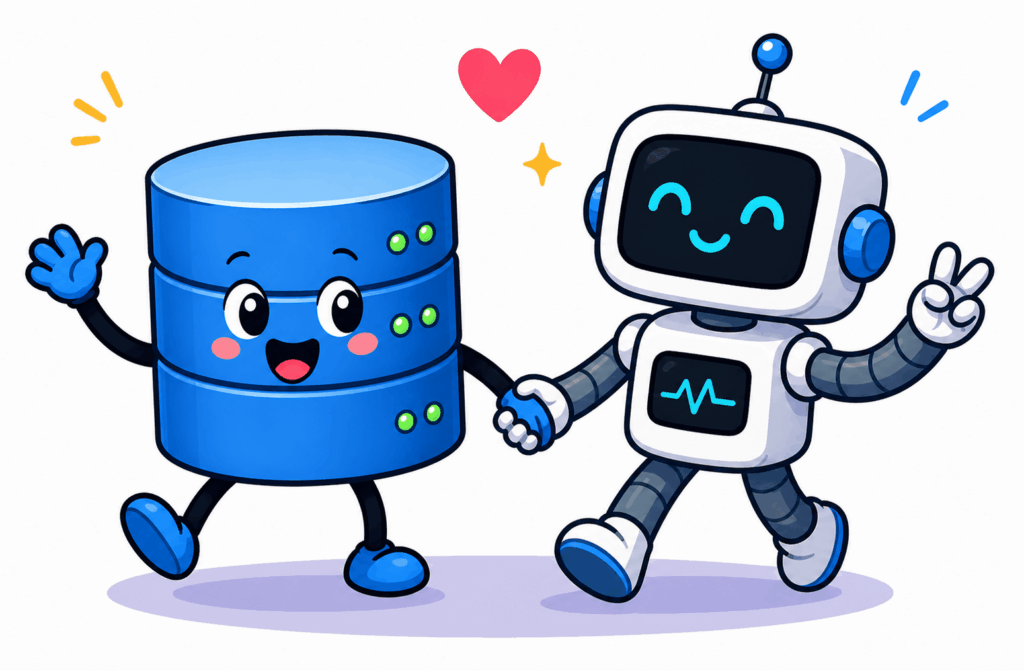 A cartoon database character and an AI robot agent holding hands