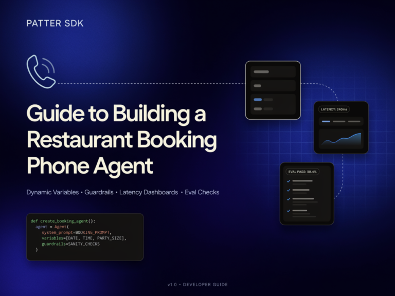 Patter SDK Guide to Building a Restaurant Booking Phone Agent with Dynamic Variables, Guardrails, Latency Dashboards, and Eval Checks