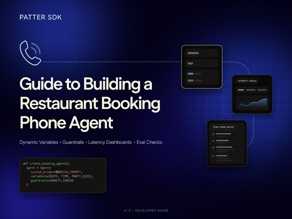 Patter SDK Guide to Building a Restaurant Booking Phone Agent with Dynamic Variables, Guardrails, Latency Dashboards, and Eval Checks