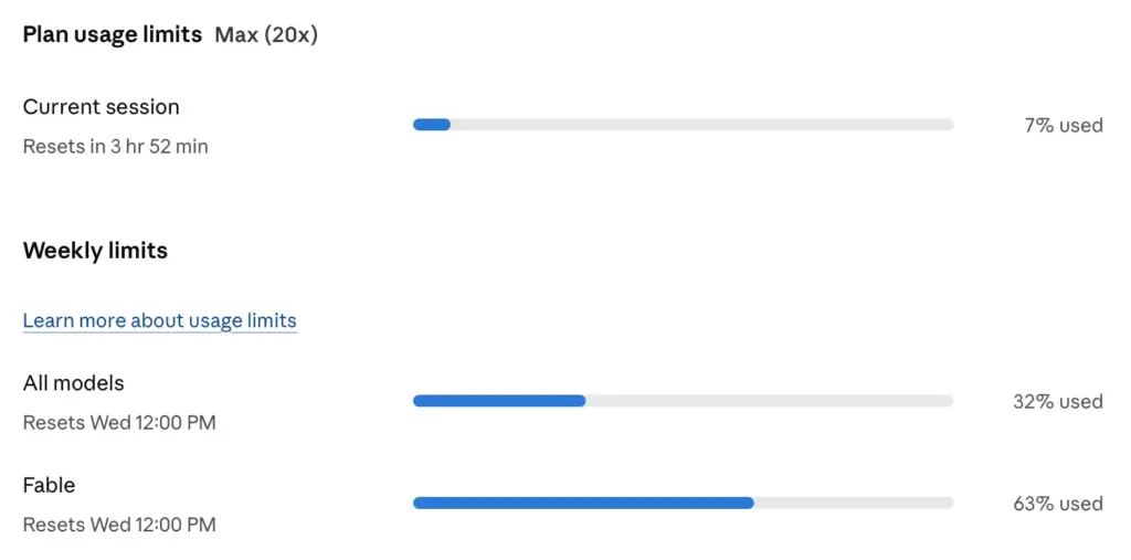 Screenshot of a Claude plan usage limits panel: "Plan usage limits Max (20x)"; "Current session" with "Resets in 3 hr 52 min" showing a progress bar at "7% used"; "Weekly limits" heading with a "Learn more about usage limits" link; "All models" with "Resets Wed 12:00 PM" showing a progress bar at "32% used"; "Fable" with "Resets Wed 12:00 PM" showing a progress bar at "63% used".